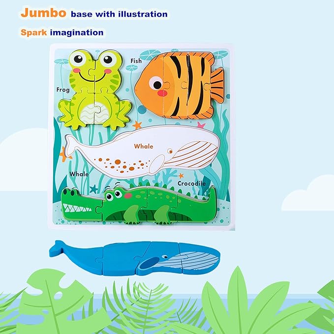 Wooden Creature Puzzles for Toddlers 2-4,Toddler Jigsaw Puzzle Ages 1-3, Montessori Educational Toys for 2 3 Years Old, Wood Learning Gifts for Preschool Kids Boys Girls