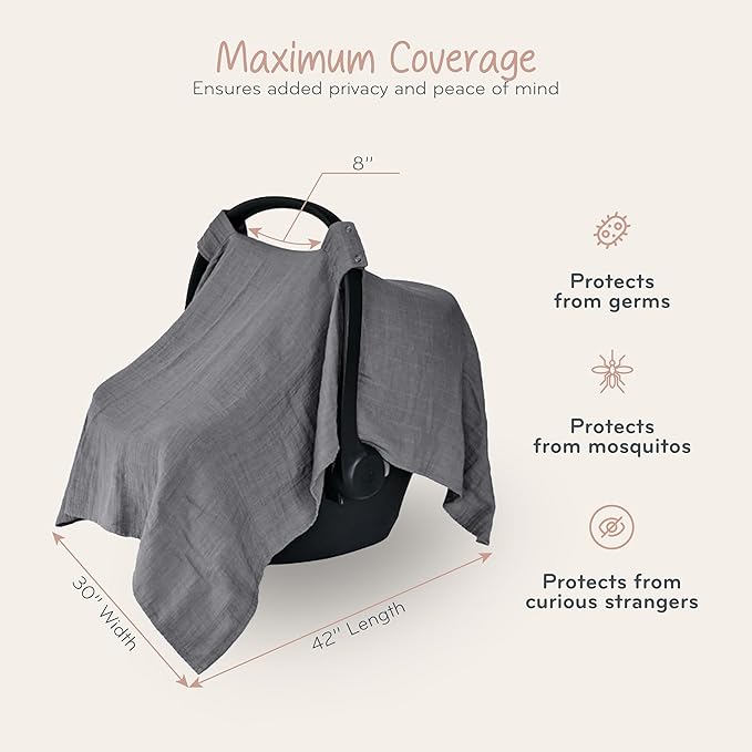 Car Seat Cover Baby - Organic Cotton - Carseat Covers Baby - Carseat Cover - Car Seat Canopy - Carseat Canopy - 100% Muslin Cotton, 43" x 32" (Soft Grey)