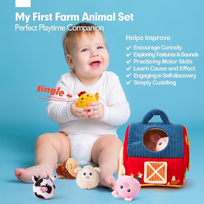 hahaland Baby Toys 6-12 Months - Surprise Barn Stuffed Farm Animals, Rattle, Crinkle, Mirror, Montessori Toys for 6 Month Old Babies Sensory Balls Toddlers 1-3 Gifts Christmas Baby Stocking Stuffers