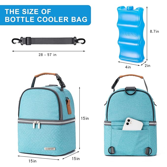 Breastmilk Cooler Bag with Ice Pack Fits 6 Baby Bottles up to 9 Ounce, Breast Milk Pump Cooler Bag with Shoulder Strap for Nursing Mom Daycare, Work, Travel- Lake Green