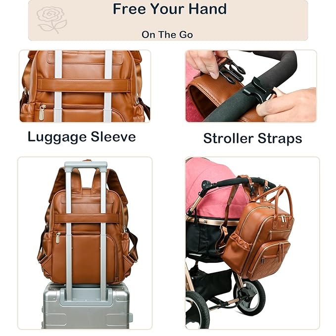 Leather Diaper Bag Backpack for Women with Multiple Pockets,Laptop Compartment and Changing Pad.