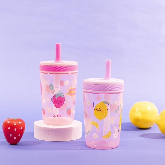 Zak Designs Kelso Toddler Cups For Travel or At Home, 15oz 2-Pack Durable Plastic Sippy Cups With Leak-Proof Design is Perfect For Kids (Sweet Berry, Lemon Zest)
