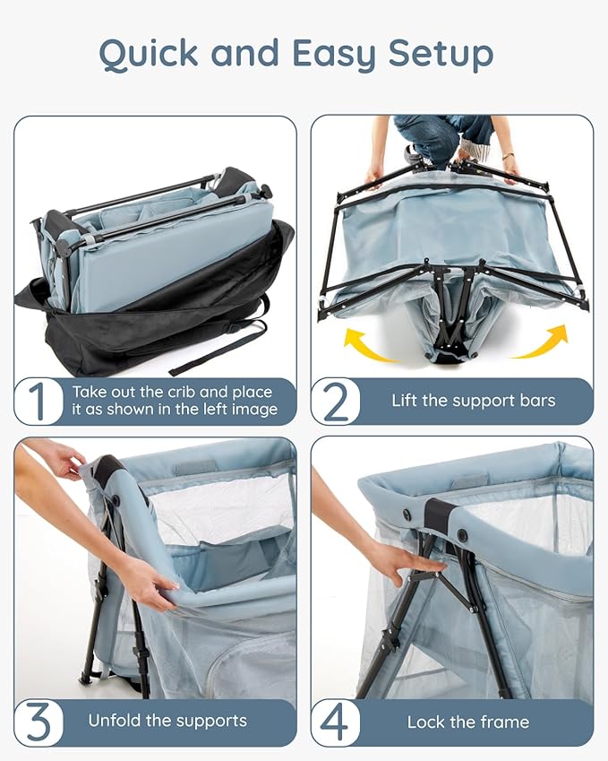 Lilian&Gema 2-in-1 Travel Crib, Portable Crib with Backpack, Lightweight Baby Travel Playpen, Foldable Play Yard with Thick Mattress for Babies & Toddlers, Baby Travel Essential