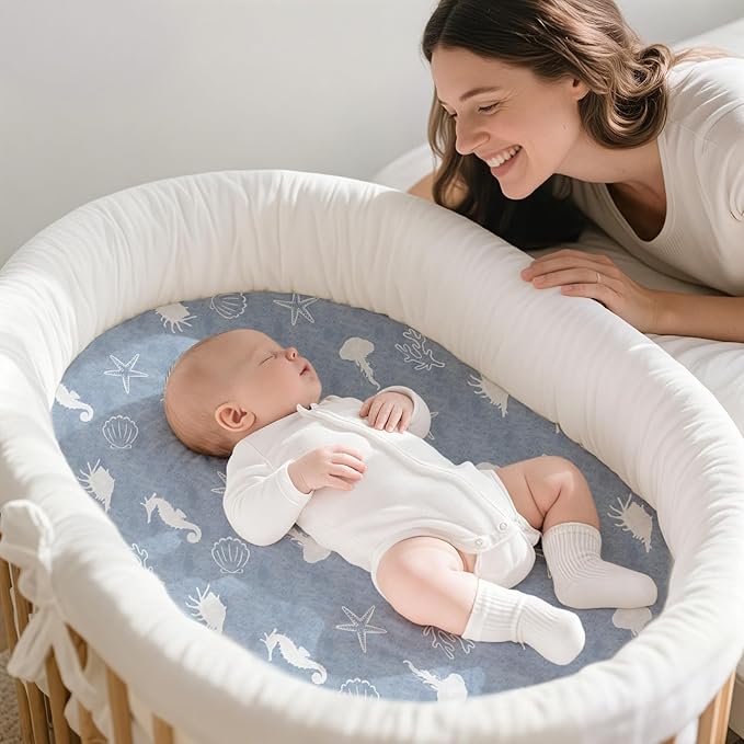 Gllquen Baby Bassinet Sheets 4 Pack, Breathable Cozy Fitted Mattress Sheet, Elastic Travel Crib Fashionable Pattern, Standard Cradle Safe Sheets for Baby Boys Girls 32"x16"(Ocean Wander)