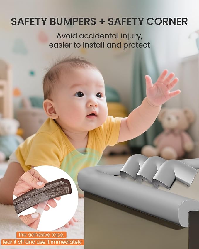 Baby Proof Edge Corner Protector, 6.56FT 0.47''Th L-Shape Furniture Corner & Edge Safety Bumpers with 6 Corners, Pre-Taped, Soft NBR Rubber Foam Desk Edge Cushion Wall Corner Protector(Grey)