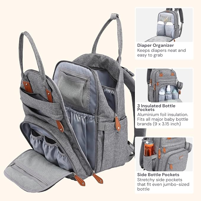 BabbleRoo Diaper Bag Backpack - Baby Essentials Travel Tote - Multi Function Water Resistant Diaper Bag, Travel Essentials Baby Bag with Changing Pad, Stroller Straps & Pacifier Case - Light Gray