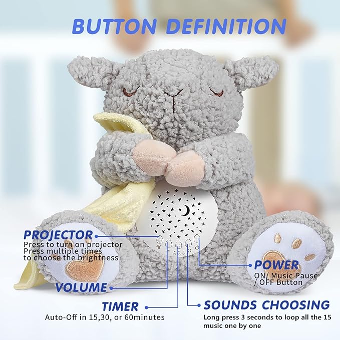 BEREST Baby White Noise Machine Stuffed Animal Toy, Mom's Heartbeat Lullabies Sheep Sleep Soother, Nursery Decor Night Light Projector, Toddler Crib Sleeping Aid, Babies Shower Gifts Portable
