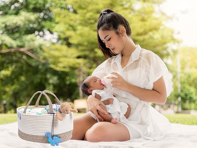 Baby Extra Large Cotton Rope Diaper Caddy, Organizer Storage Bin for Nursery Essentials, 100% Natural Cotton Eco friendly, Organizer with Removable Divider (White & Brown)