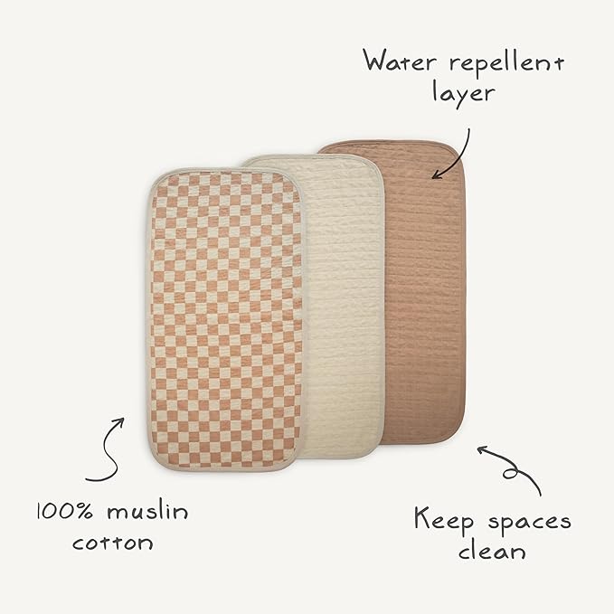 mushie Waterproof Changing Pad Liners | 100% Organic Cotton | Set of 3 (Olive Check Combo)