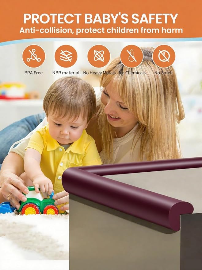 Baby Proof Edge Corner Protector, 6.56FT 0.47''Th L-Shape Furniture Corner & Edge Safety Bumpers with 6 Corners, Pre-Taped, Soft NBR Rubber Foam Desk Edge Cushion Wall Corner Protector(Brown)