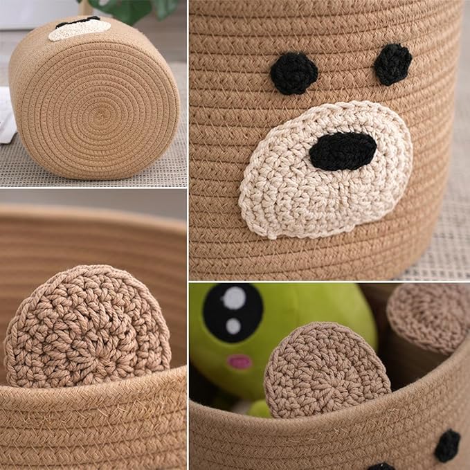 Bear Laundry Baskets Laundry Hamper Storage Baskets with Handles,Decorative Basket for Living room,Woven Storage Basket for Toys Bin Pillows Blankets Clothes (Brown)