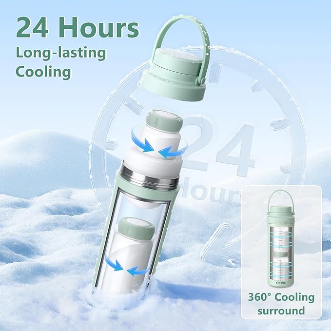 MYPIN 22oz Portable Breast Milk Cooler for Outdoor, 360° Cooling Tubes for 24 Hours with 2pcs Baby Bottles Reusable Storage Container, Larger Capacity Stainless Steel Travel Breastmilk Chiller