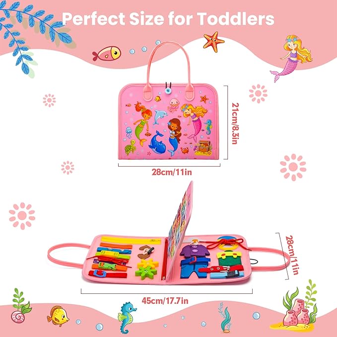 Preschool Learning Board for Toddlers 2-4, Montessori Busy Books for 1-4 Years, Sensory Busy Board for Travel Gift (Mermaid)