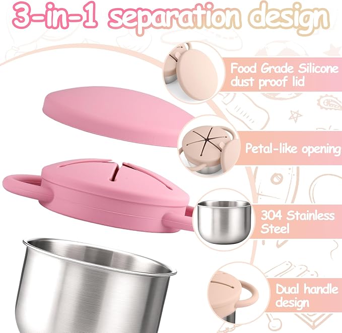 Mity rain 2-Pack Stainless Steel Snack Containers for Toddlers with Spill-Proof Silicone Lids & Handles - 3-in-1 Baby Snack Cups, No-Spill Toddler Snack Box, Perfect for On-the-Go Healthy Eating