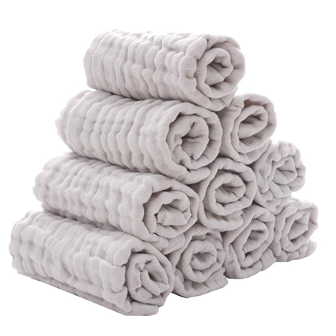 MUKIN Baby Washcloths - Natural Cotton Baby Wipes - Soft Newborn Face Towel for Sensitive Skin - 10 Pack, 12x12 inches