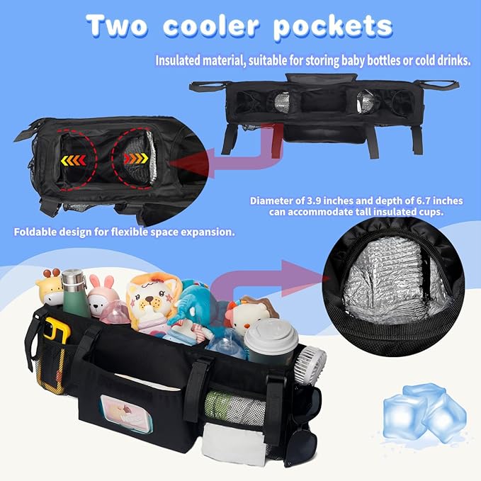 Double Stroller Organizer Compatible with BOB Duallie and Baby Jogger City Mini GT2 Double Stroller, Double Baby Stroller Accessories with 2 Cooler Pockets , Black(Empty Bag)