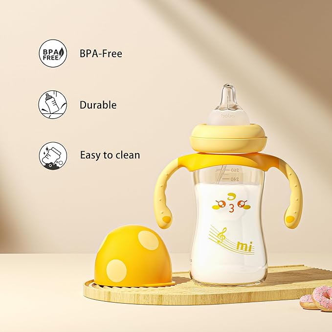YOHKOH Natural PPSU Baby Bottle with Natural Response Nipple, Newborn Anti-Colic Baby Bottles with Handle, Wide Neck Mushroom Cap Baby Bottle (8.8oz (Pack of 4), Yellow1)
