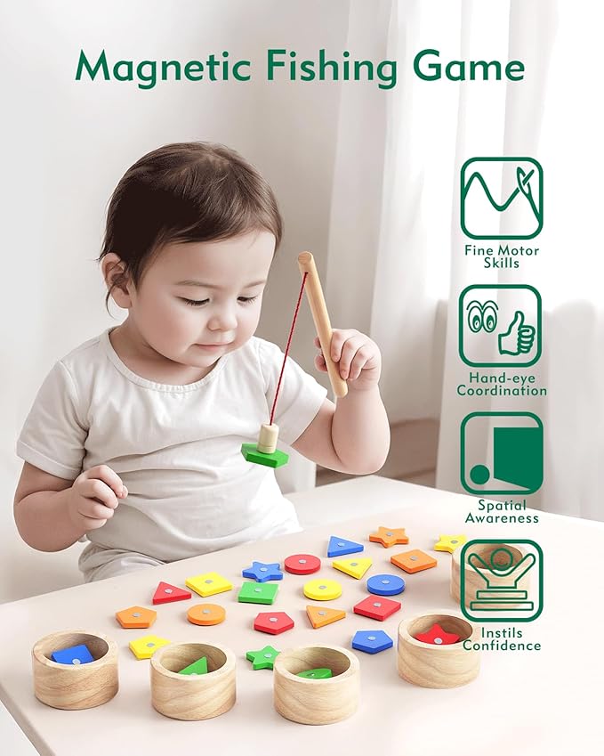 Boby Montessori Toy 2-in-1 Wooden Sorting Cup&Magnetic Fishing Game-Educational Puzzle Toy for Toddlers 1-4 Year Old,Colors Shapes Sorting&Matching Games for Toddlers Developmental Toys