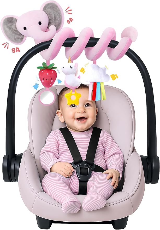 Spiral Car Seat Toys for Baby Girls 0-6 Months, Perfect Newborn Gifts for Girls Essentials, Cute Pink Elephant Strawberry Hanging Plush Items