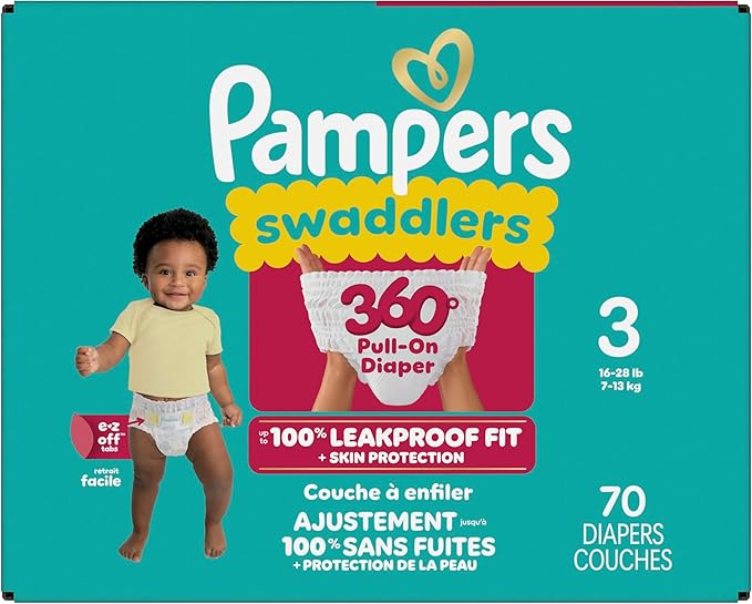 Pampers Diapers - Swaddlers 360° - Size 3, 70 Count, up to 100% Leakproof Comfy Dry Fit, Designed for Easy Changes, Pull On Baby Diaper (Packaging May Vary)