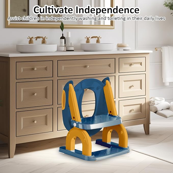 DEEKI Potty Training Seat Upgrade 2 in 1 Toddler Training Toilet Chair Potty Seat with Step Stool Ladder for Baby Kids Boys Girls(Blue and Yellow)