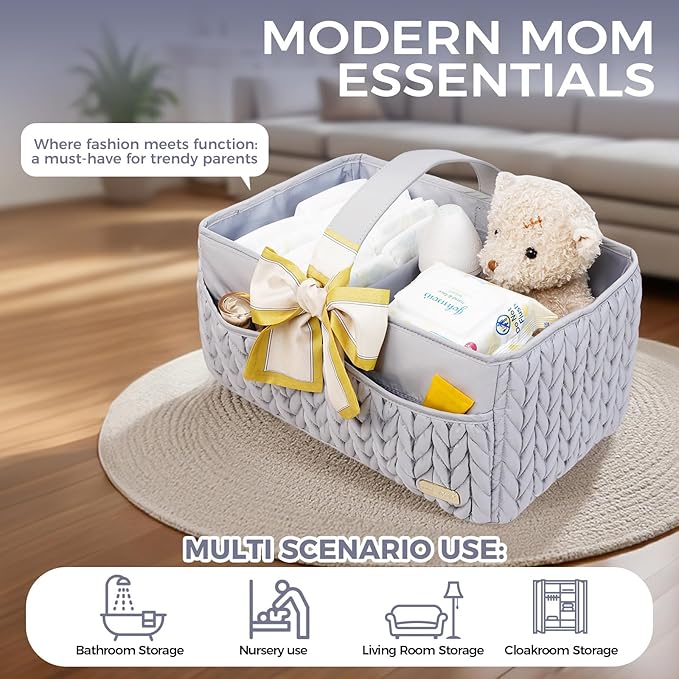 Luxurious Baby Diaper Caddy, Nursery Storage Basket for Newborn Boy and Girl, Travel Baby Basket for Diapers Baby Wipes, Organizer Tote Bag Storage Bin, Baby Shower Gifts (light gray)