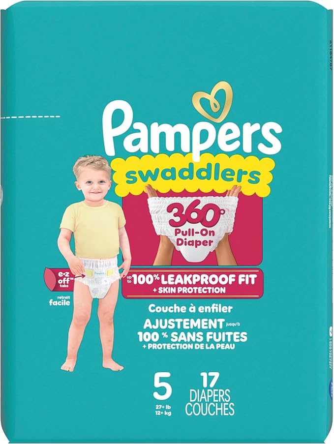 Pampers Diapers - Swaddlers 360° - Size 5, 17 Count, up to 100% Leakproof Comfy Dry Fit, Designed for Easy Changes, Pull On Baby Diaper