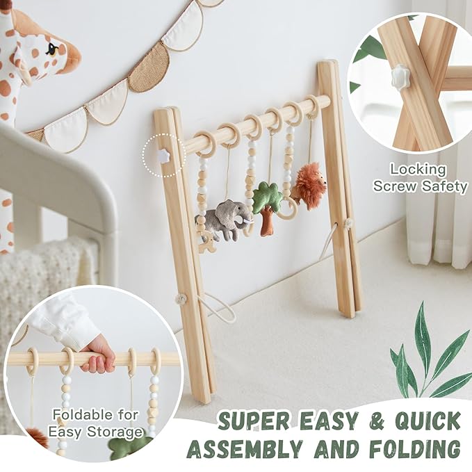 Razee Wooden Baby Play Gym Activity Mat, Leaf Shaped Play Mat Baby Gym with 6 Hanging Sensory Toys Foldable Baby Gym Newborn Infant Baby Use