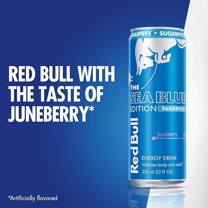 Red Bull Sea Blue Edition Sugar Free Energy Drink, Juneberry, 12 fl. oz., 6 x 4 Cans, Pack of 24 Cans, with 114mg Caffeine, Taurine & B Vitamins