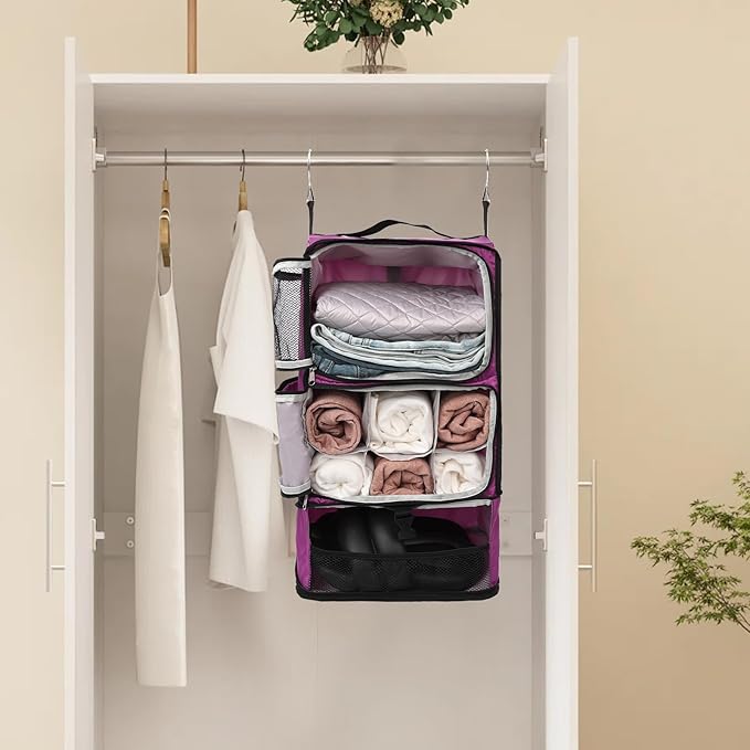 TABITORA Travel Portable Hanging Shelves Closet Organizer Packing Luggage Storage with Multifunctional and Foldable Invisible Compartment,Lightweight, for Suitcase, RV,Closet…Purple,XL
