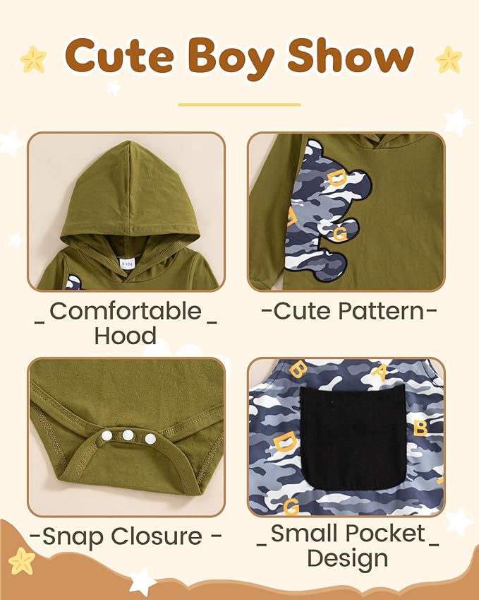 NZRVAWS Baby Boy Clothes Newborn Outfits Infant Romper Fall Winter Hoodie Pocket Pants Overalls Set NB-18M