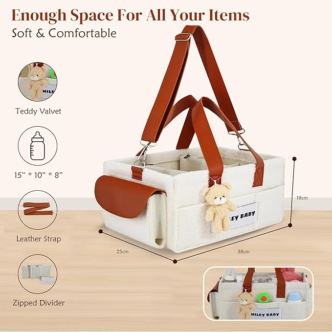 SMILEY BABY Nappy Caddy Organizer, Newborn Essentials & Car Diaper Caddy, Portable Nursery Storage Basket with Detachable Compartments, Baby Shower Gifts and Registry Must Haves for Boy or Girl
