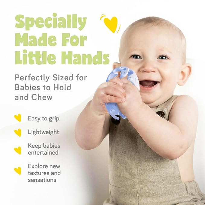 Dinosaur Teething Toys: Lightweight Soft Silicone Sensory Toys - Textured for Babies 0-18 Months - Easy to Clean, BPA-Free - Blueberry Blue