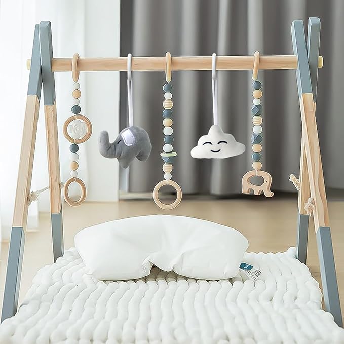 Wooden Baby Play Gym Foldable Gym Frame Activity Gym Hanging Bar with 5 Toys Natural for Newborn Baby (Foldable Grey)