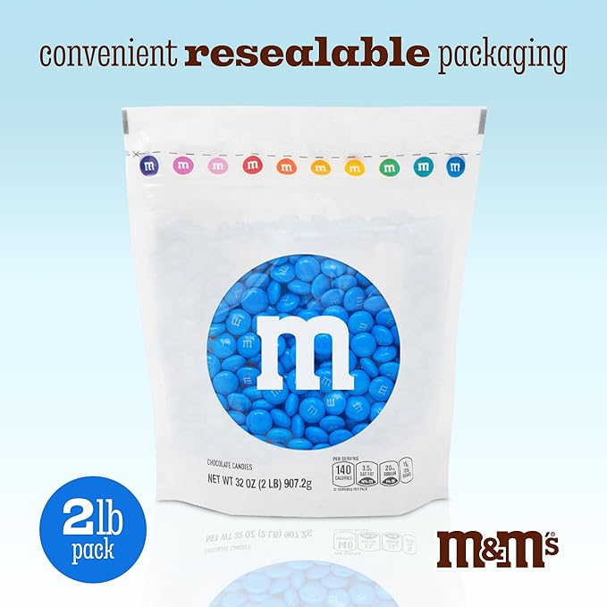 M&M’S WORLD Blue Candy Bulk - Milk Chocolate Candy, 2 lbs Resealable Pack for Graduation, Wedding, 4th of July, Birthdays, Party Favors, Boy Baby Showers, Gender Reveal Ideas, Easter and more