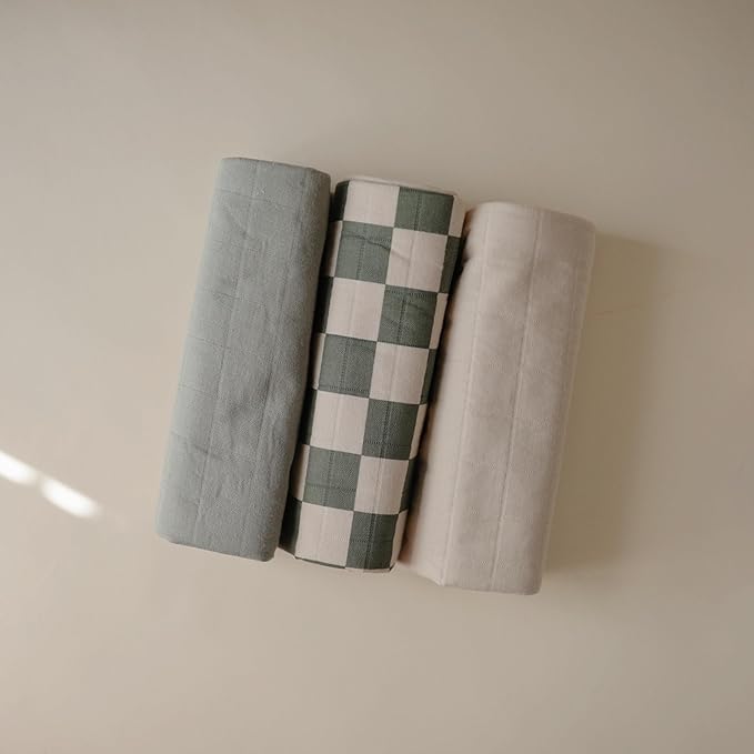 mushie Waterproof Changing Pad Liners | 100% Organic Cotton | Set of 3 (Olive Check Combo)