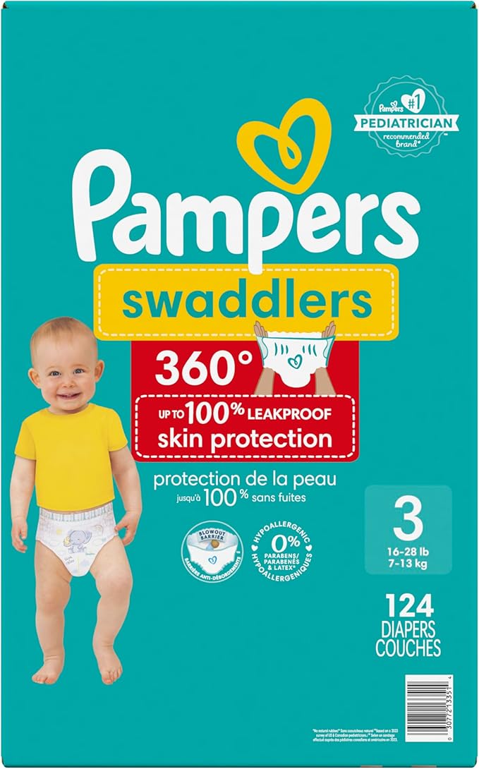 Pampers Diapers - Swaddlers 360° - Size 3, 124 Count, up to 100% Leakproof Comfy Dry Fit, Designed for Easy Changes, Pull On Baby Diaper (Packaging May Vary)