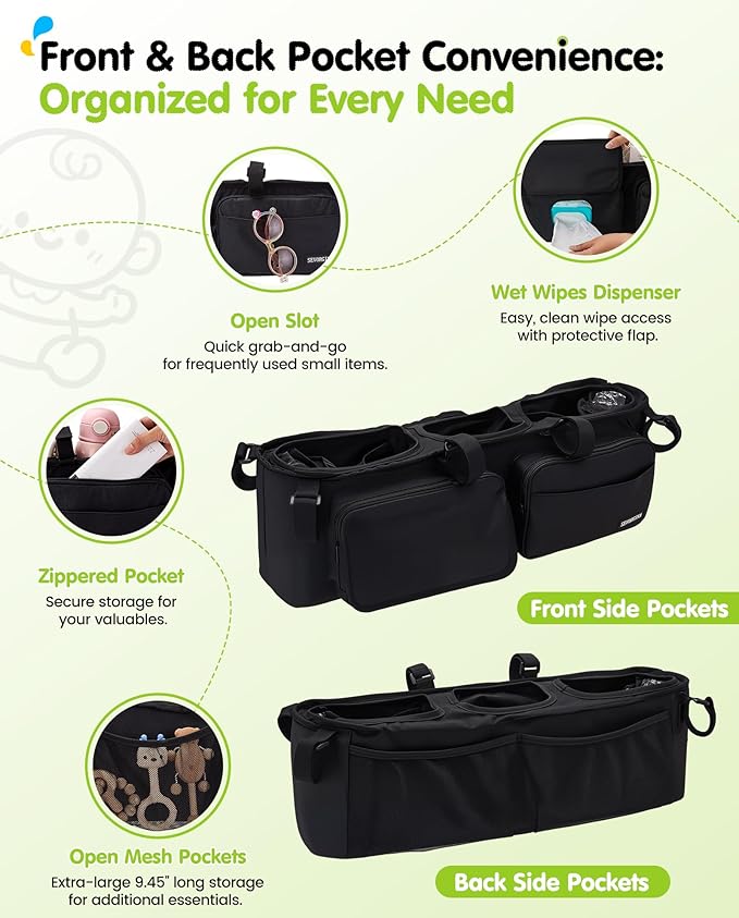Double Stroller Organizer with 11 Compartment for Bob Duallie, Baby Jogger City Mini GT2, Double Jogging Stroller Caddy, Jeep, Zoe Stroller Accessories with 2 Insulated Pocket, Parent Console