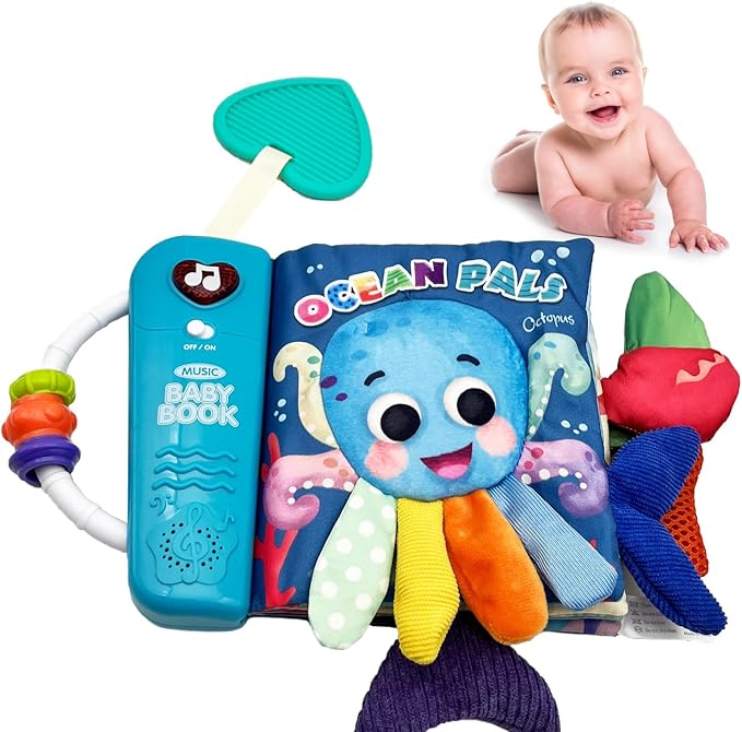 Baby Books Toys, Ocean Pals Touch and Feel Music Cloth Book for Infant Baby 6-12-18 Months, Early Learning Education Shower Easter Gifts for Boys Girls (Ocean Pals)