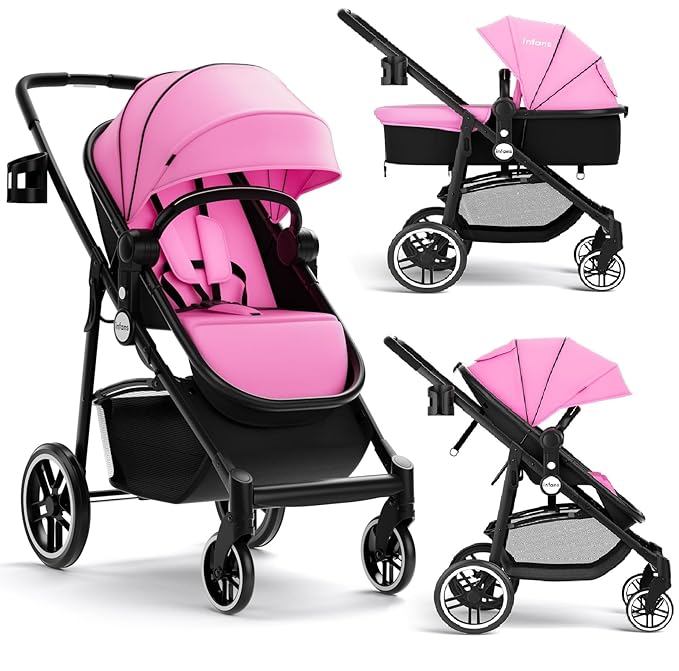 INFANS 2 in 1 Baby Stroller, High Landscape Infant Stroller & Reversible Bassinet Pram, Foldable Pushchair with Adjustable Canopy, Storage Basket, Cup Holder, Suspension Wheels (Pink)