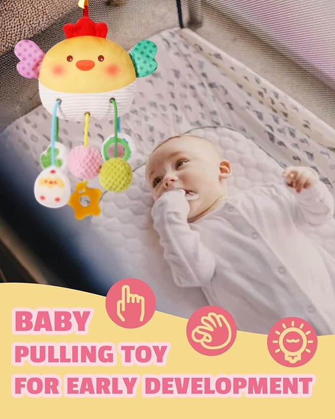 Baby Car Seat Toys 0-6 Months, Sensory Crib Hanging Soft Plush with Rattles, Crinkle Paper and Teether, Educational Toy for Baby Shower Newborn Infant Gifts (Yellow Chick)