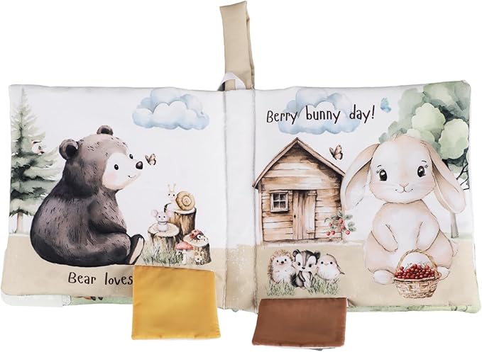 Ali+Oli Baby Cloth Book – Soft Sensory Crinkle Book with Teether for Infants 0-12 Months – Early Learning Touch & Feel Tummy Time Toy – Newborn Shower Gift for Boys & Girls - Forest Friends
