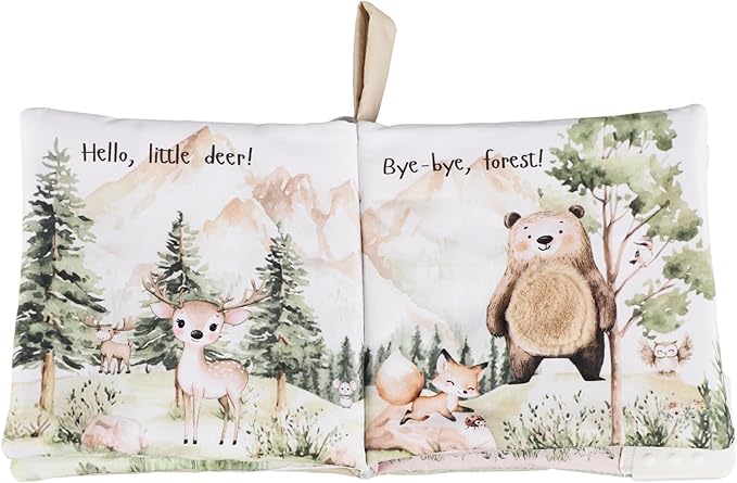 Ali+Oli Baby Cloth Book – Soft Sensory Crinkle Book with Teether for Infants 0-12 Months – Early Learning Touch & Feel Tummy Time Toy – Newborn Shower Gift for Boys & Girls - Forest Friends
