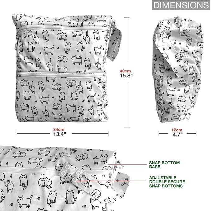 FLOCK THREE 3D Waterproof and Washable Wet Bag Luggage Organiser for Travel storage Stroller Daycare Baby Diapers Yoga Beach Pool Swimsuits Luggage Packing for Travel Accessories (White Cats)