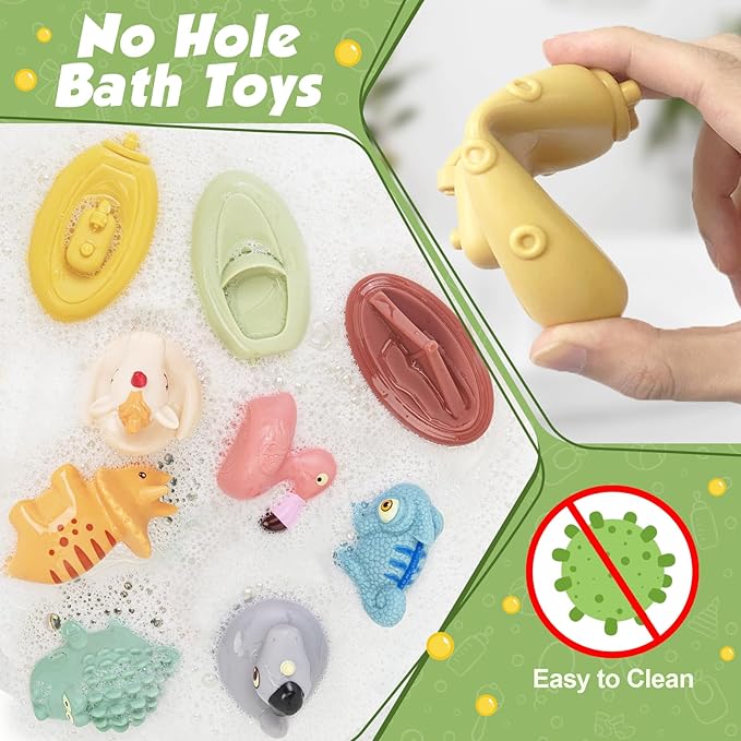 Bath Toys for Babies, 9 Pack Mold Free & No Hole Bath Toys with Rubber Floating Boats & Animals, Toddlers Bathtub Water Play Toys for Baby Gifts