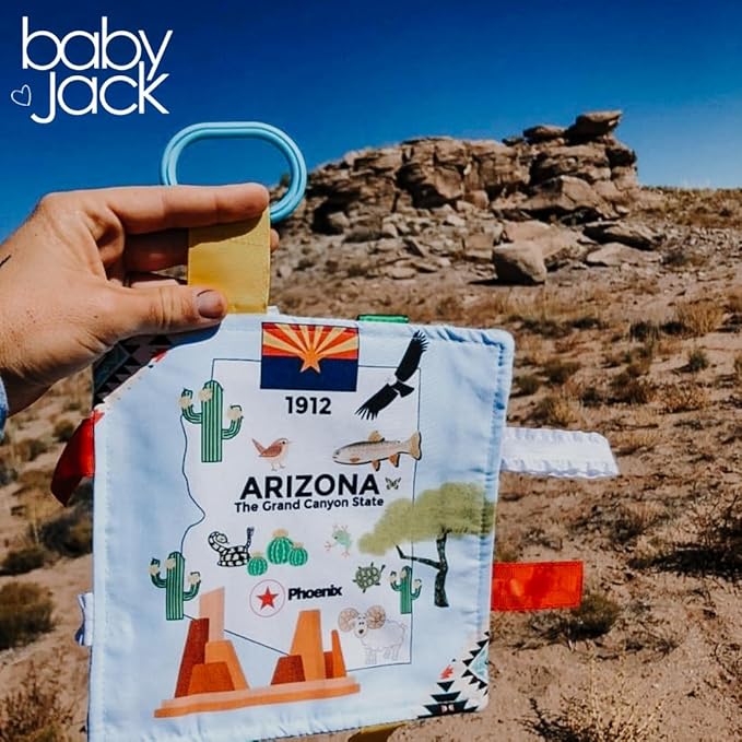 Baby Jack & Co 8x8” Learning Lovey Arizona State Tag Stroller Toy for Babies - Crinkle Toys for Developing Five Senses - Learn About Capitals - Travel with Baby Jack - BPA Free w/Stroller Clip