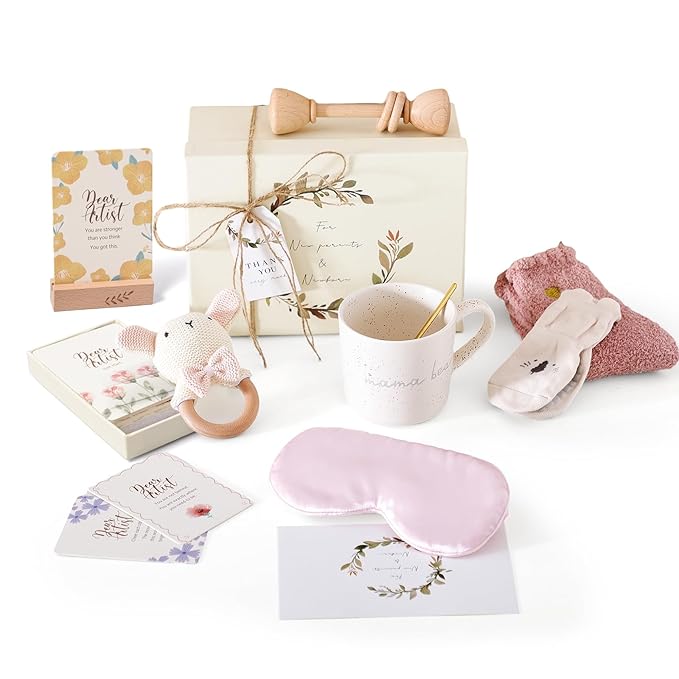 New Mom & Baby Gift Basket | Pregnancy & Baby Shower Gifts for First-Time Moms | Pink Mama Bear Mug & Bunny Rattle Gift Set