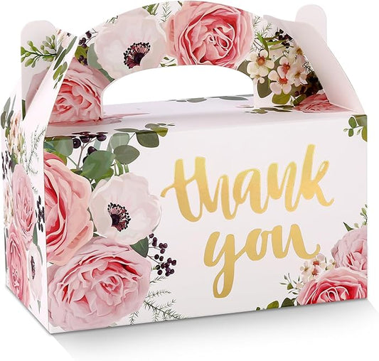 SOSFKIM Gable Treat Boxes Large 12 Pack - Floral Party Favor Boxes Bulk Embossed Gold Foil - Goodie Gable Boxes for Baby Shower, Wedding, Birthday 6.3x3.5x3.5 Inch