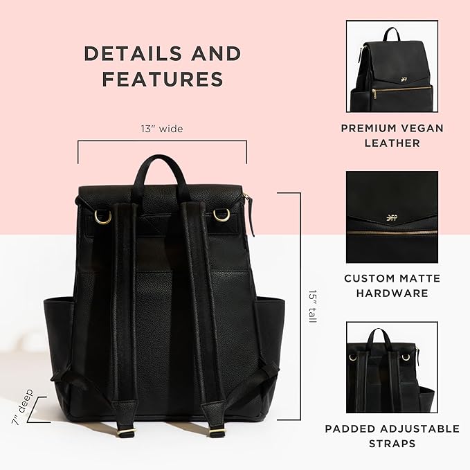 Freshly Picked Classic II Diaper Bag Backpack, Wipeable Vegan Leather With Changing Pad, Convertible (Ebony V2)
