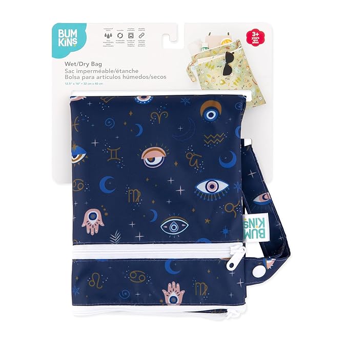 Bumkins Waterproof Wet Dry Bag for Baby, Travel, Swim Suit, Cloth Diapers, Pump Parts, Pool, Beach, Gym Clothes, Toiletry, Hook to Stroller, Daycare, Zipper Reusable Wetdry Packing Pouch, Evil Eye